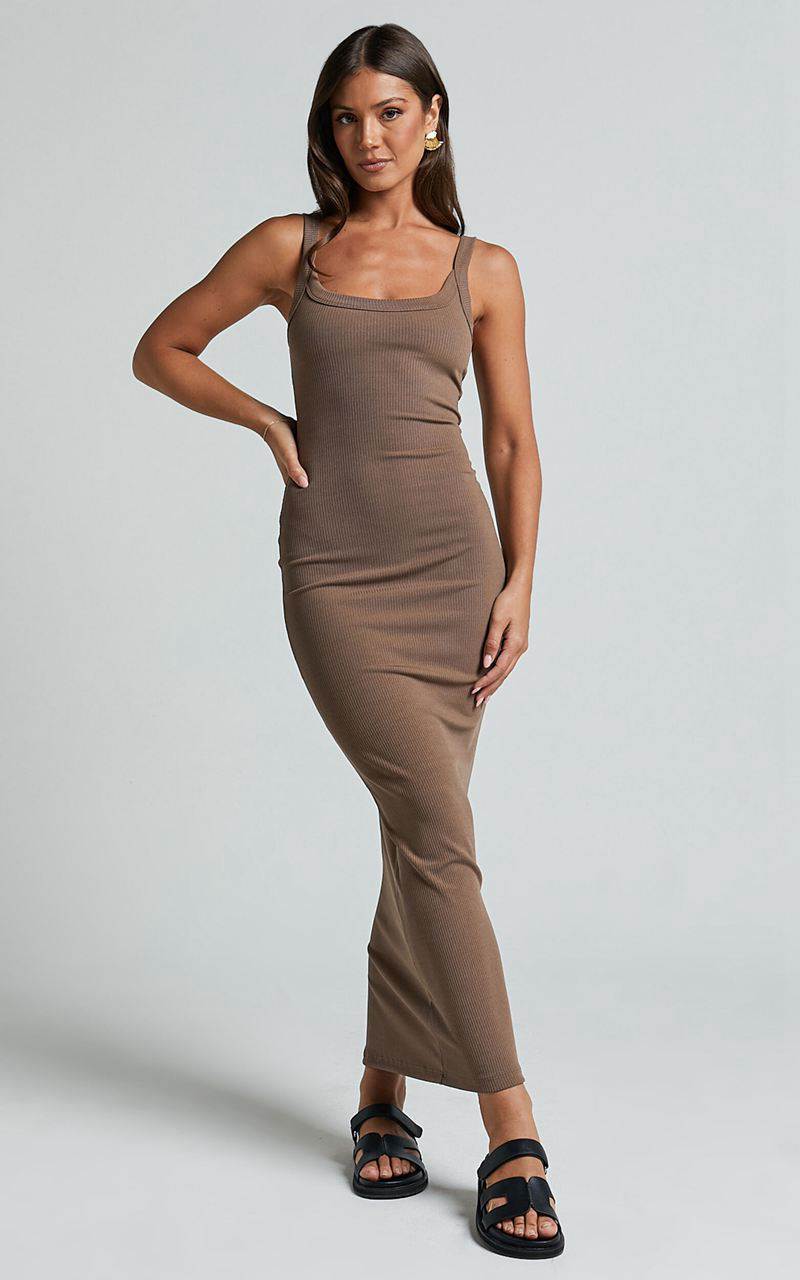 Showpo Archiena Maxi Dress - Scoop Neck Sleeveless Ribbed Singlet Dress Mocha | ONYWIL721