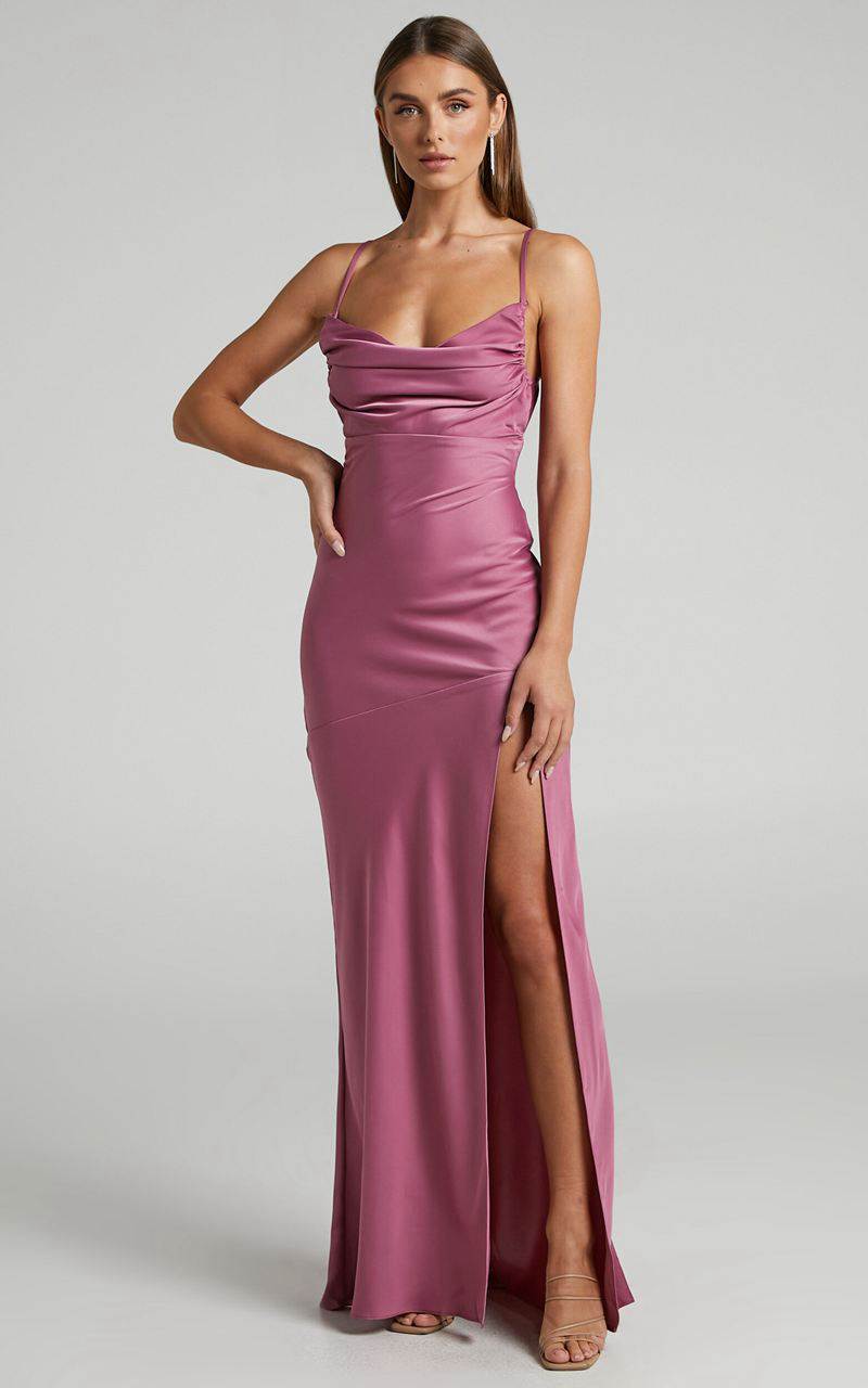 Showpo Ardent Maxi Dress - Cowl Neck Tie Back Satin Dress Orchid | QHGOVE589