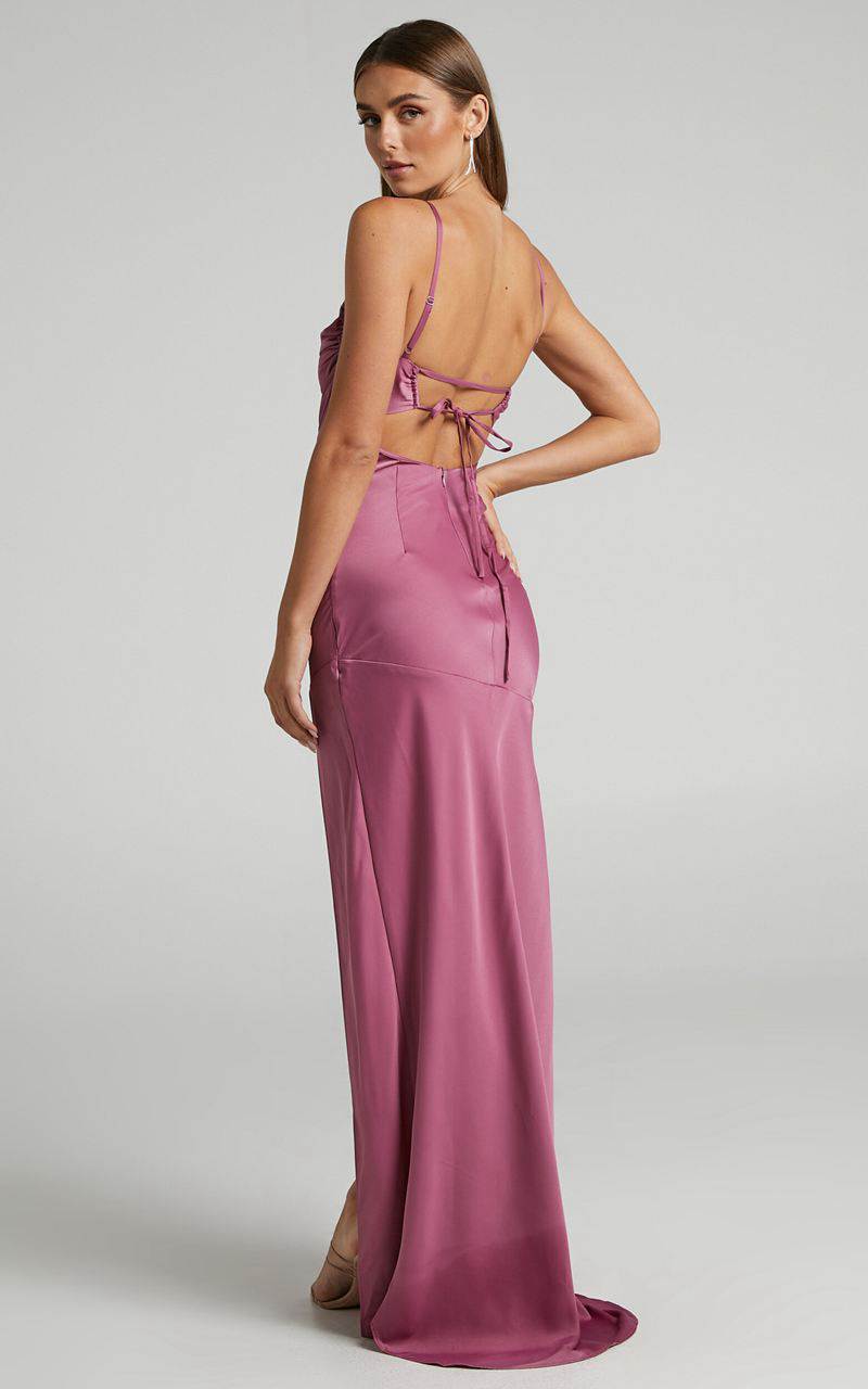 Showpo Ardent Maxi Dress - Cowl Neck Tie Back Satin Dress Orchid | QHGOVE589