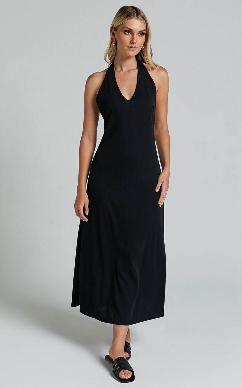 Showpo Arevik Maxi Dress - Halter Neck Backless Black | WMPDXY236