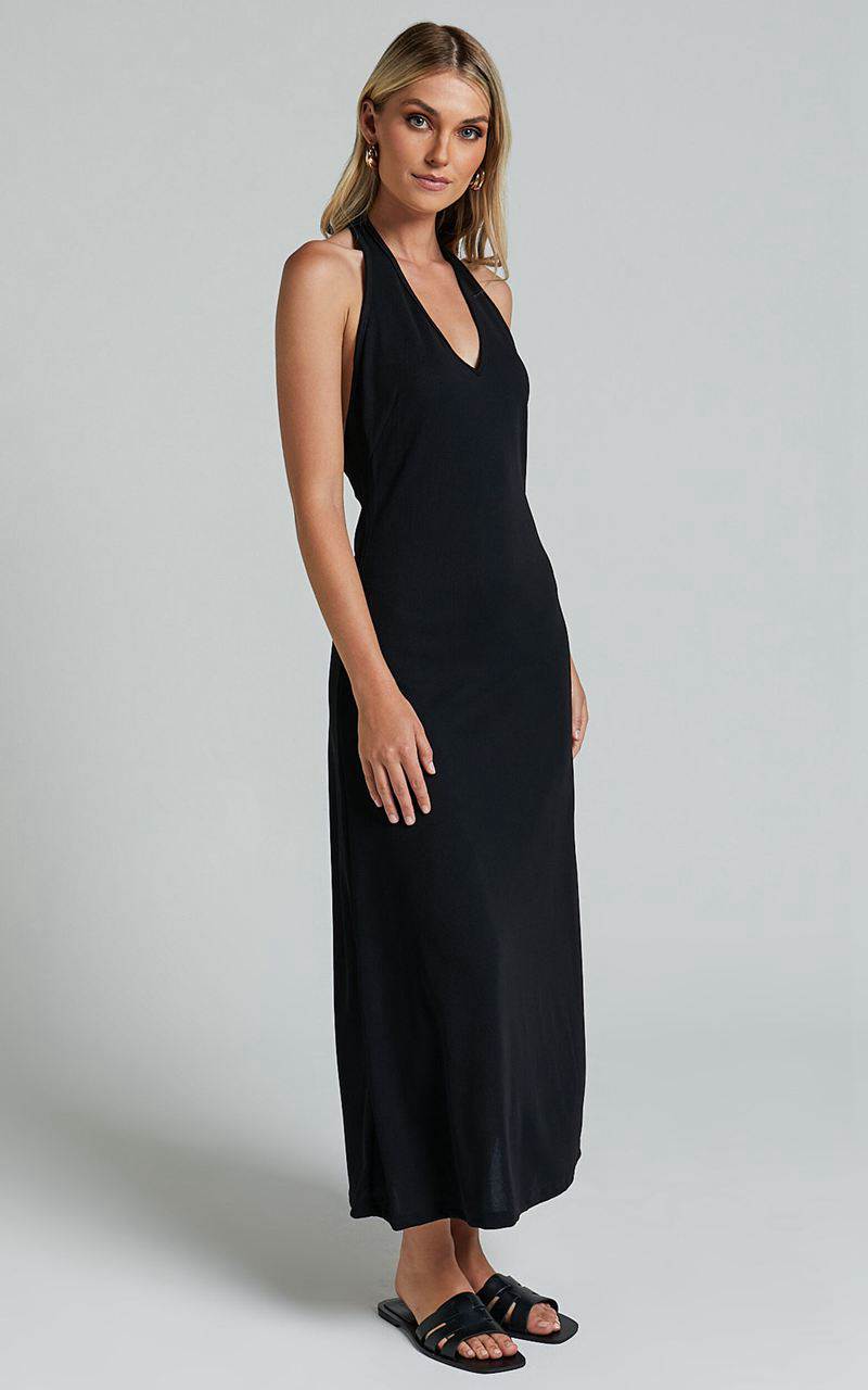 Showpo Arevik Maxi Dress - Halter Neck Backless Black | WMPDXY236