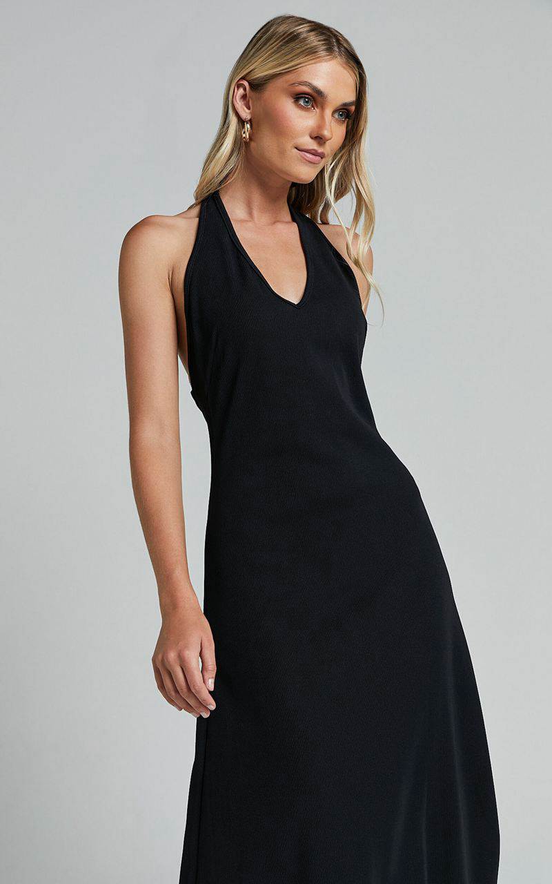 Showpo Arevik Maxi Dress - Halter Neck Backless Black | WMPDXY236