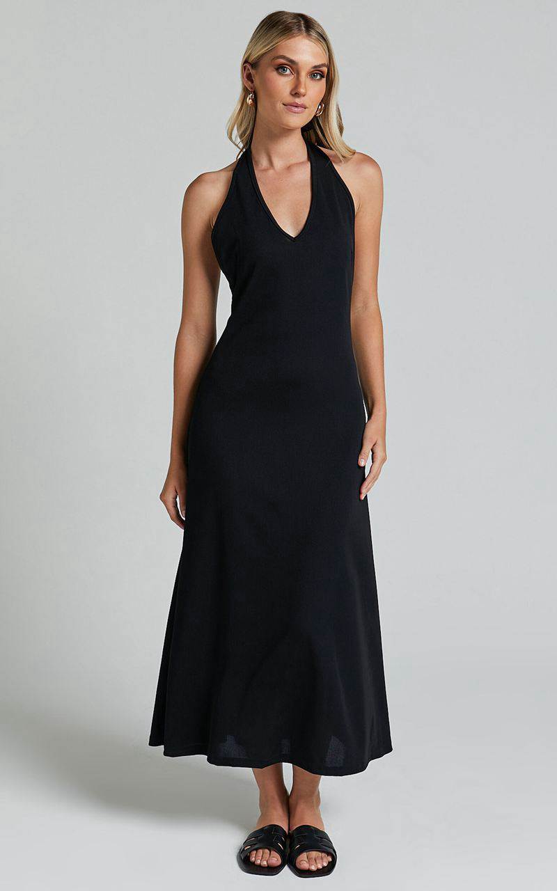 Showpo Arevik Maxi Dress - Halter Neck Backless Black | WMPDXY236