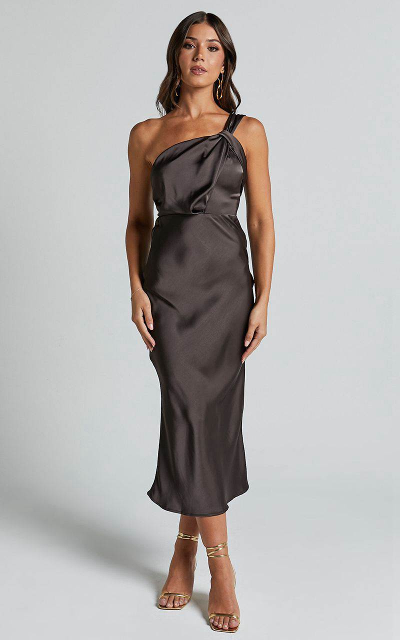 Showpo Aria Midi Dress - One Shoulder Twist Detail Satin Bias Cut Dress Espresso | UYAJKD148