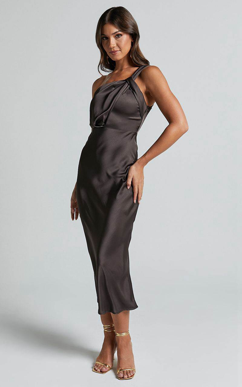 Showpo Aria Midi Dress - One Shoulder Twist Detail Satin Bias Cut Dress Espresso | UYAJKD148