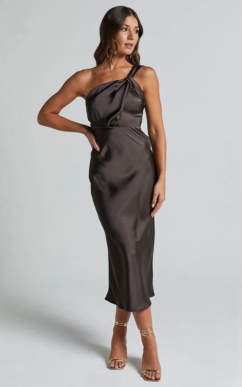 Showpo Aria Midi Dress - One Shoulder Twist Detail Satin Bias Cut Dress Espresso | UYAJKD148