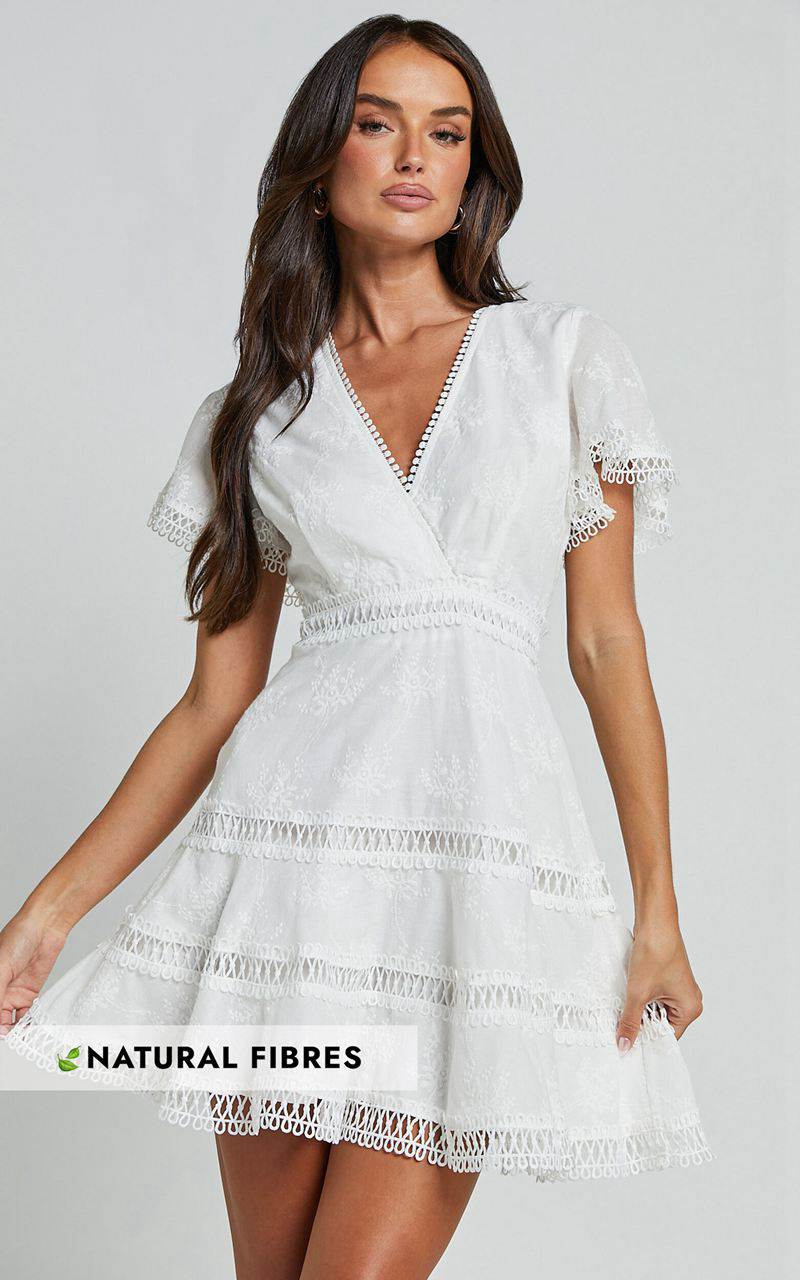 Showpo Ariana Mini Dress - V Neck Flutter Sleeve A Line White | QYTLDP810