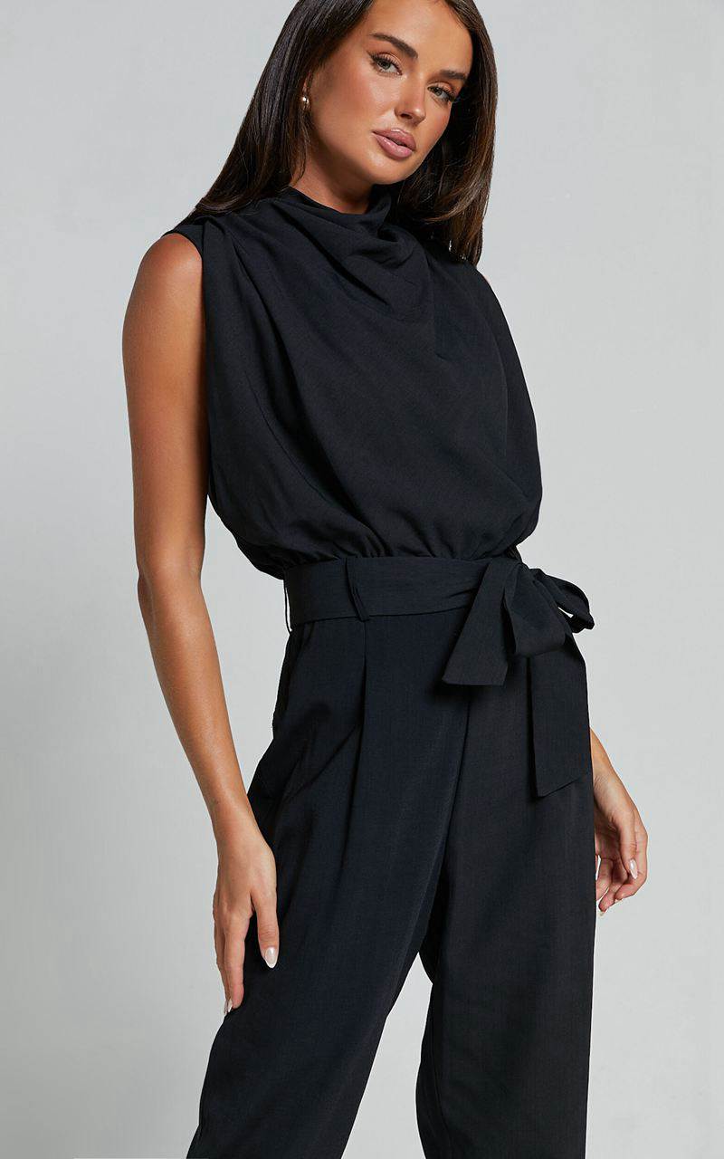 Showpo Arianae Jumpsuit - High Neck Tie Waist Jumpsuit Black | BAGUJN028