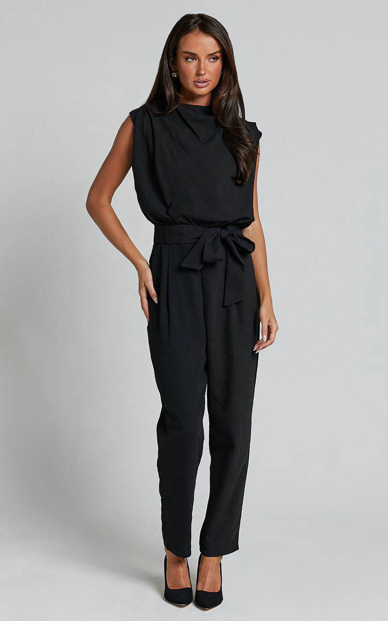 Showpo Arianae Jumpsuit - High Neck Tie Waist Jumpsuit Black | BAGUJN028