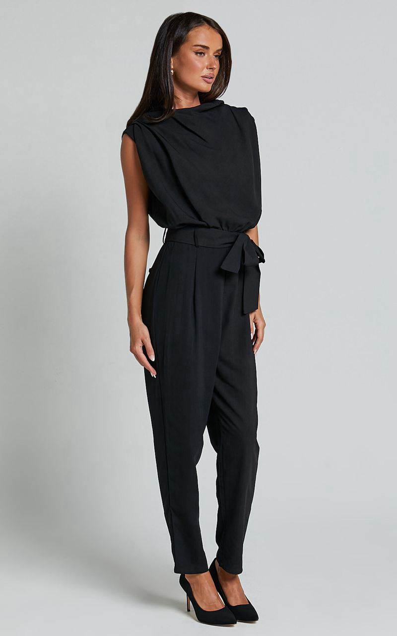 Showpo Arianae Jumpsuit - High Neck Tie Waist Jumpsuit Black | BAGUJN028