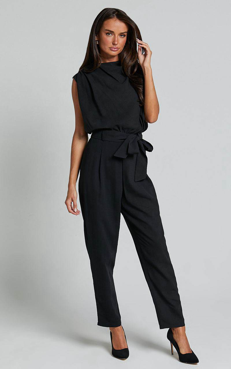 Showpo Arianae Jumpsuit - High Neck Tie Waist Jumpsuit Black | BAGUJN028