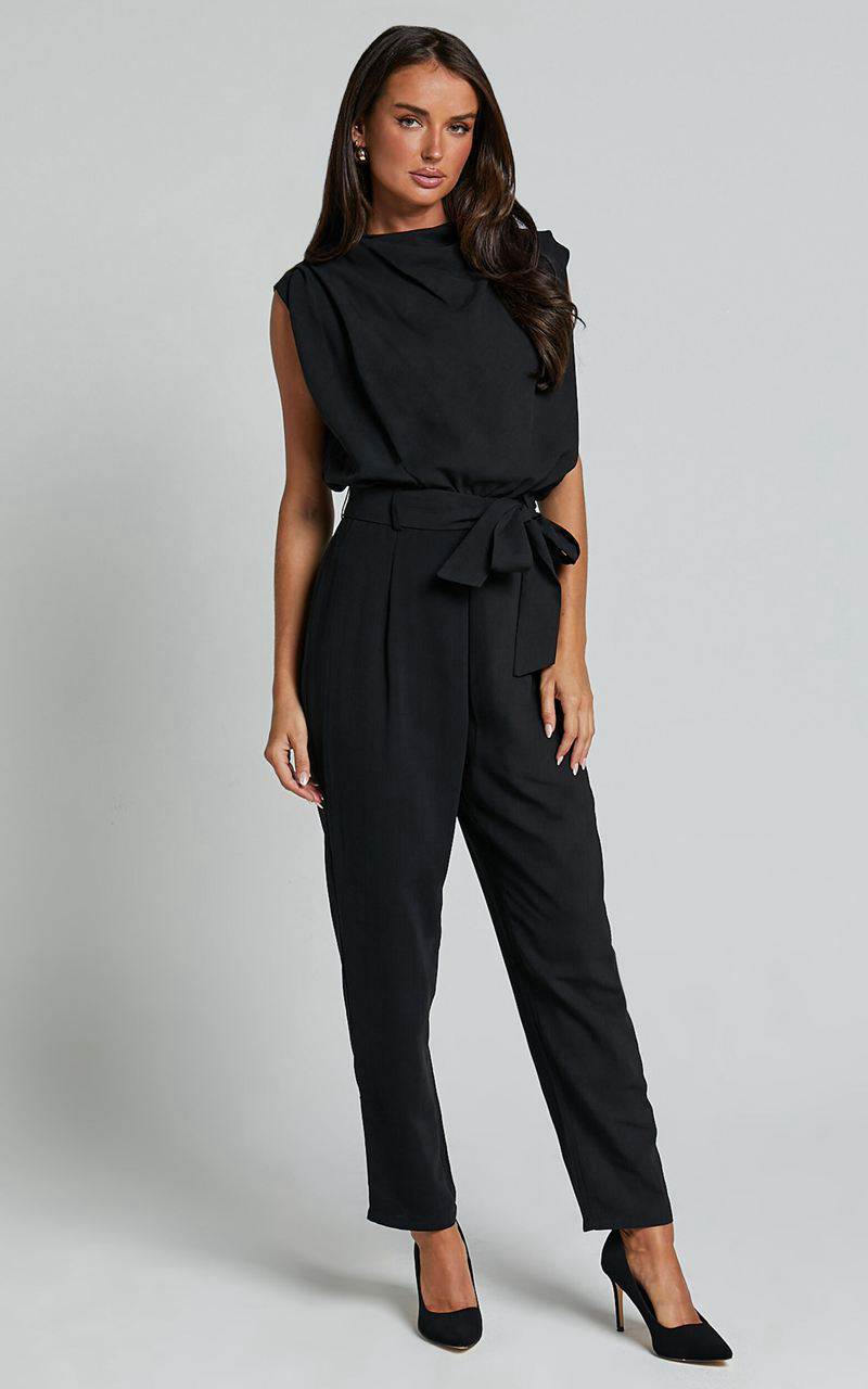 Showpo Arianae Jumpsuit - High Neck Tie Waist Jumpsuit Black | BAGUJN028