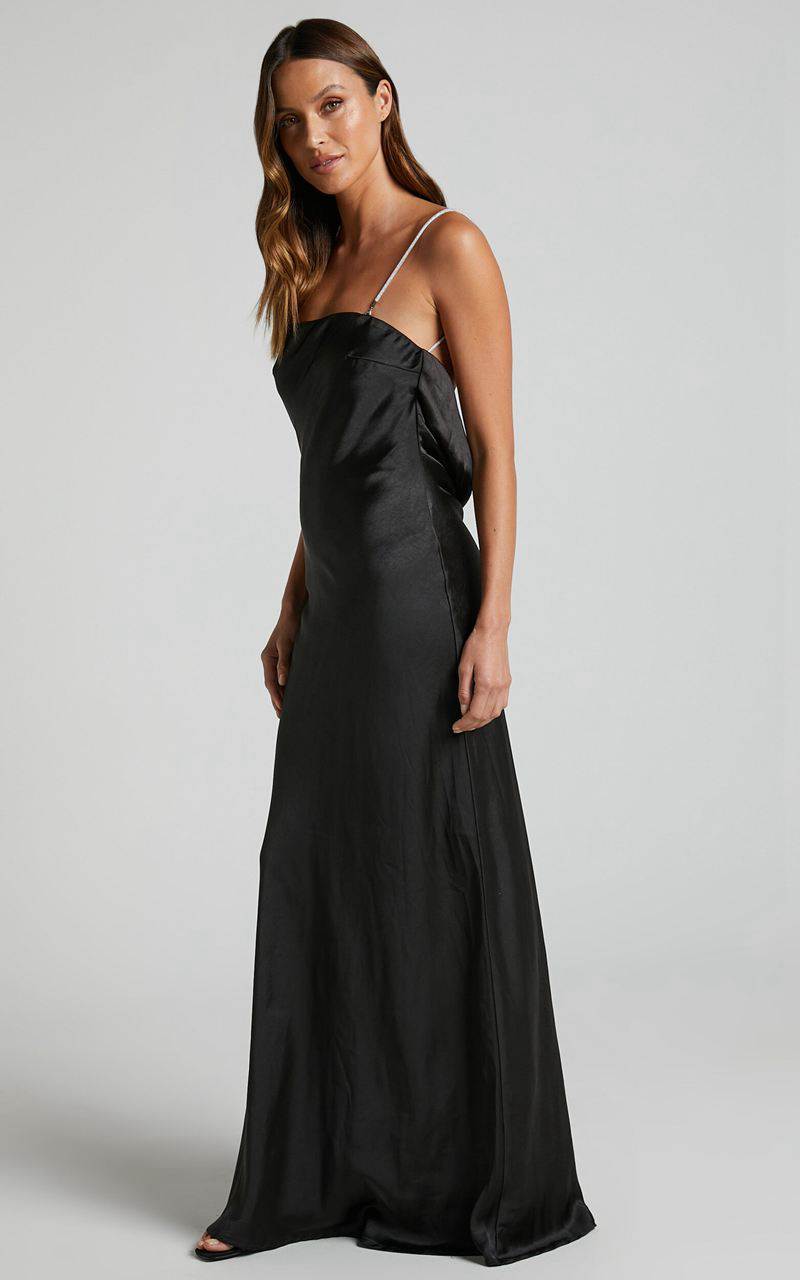 Showpo Arichie Maxi Dress - Cowl Back Diamante Strap Satin Dress Black | OBFXWR710