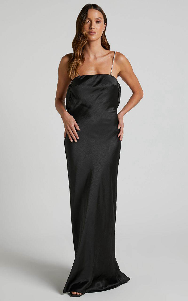 Showpo Arichie Maxi Dress - Cowl Back Diamante Strap Satin Dress Black | OBFXWR710