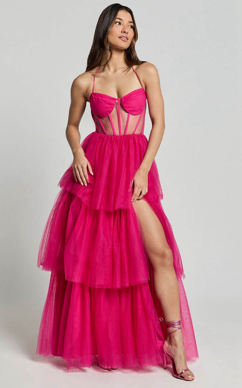 Showpo Ariel Maxi Dress - Tiered Tulle Bustier Halter Dress Hot Pink | JRMCGB952