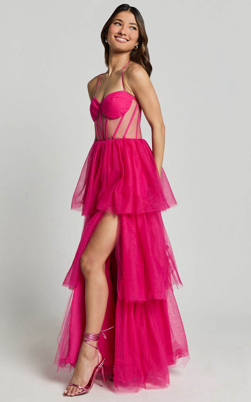 Showpo Ariel Maxi Dress - Tiered Tulle Bustier Halter Dress Hot Pink | JRMCGB952