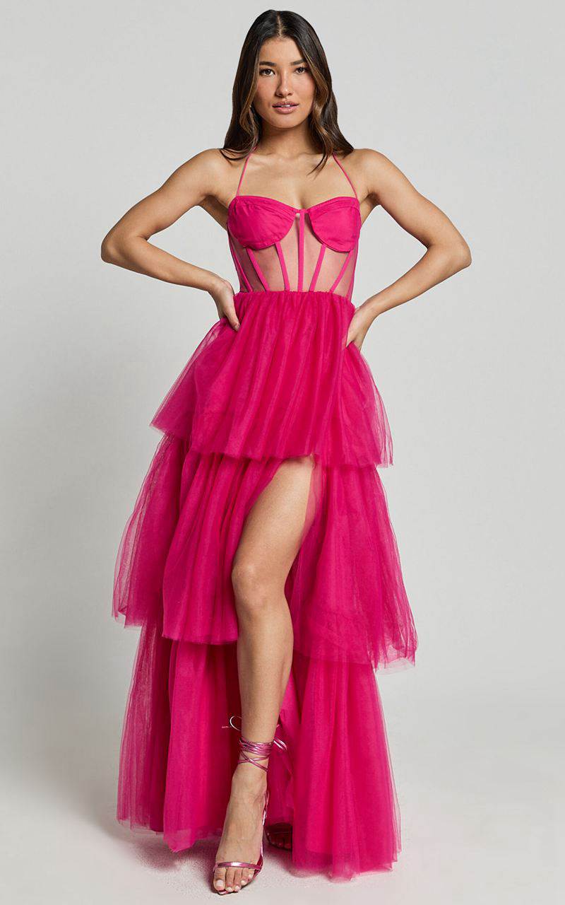 Showpo Ariel Maxi Dress - Tiered Tulle Bustier Halter Dress Hot Pink | JRMCGB952