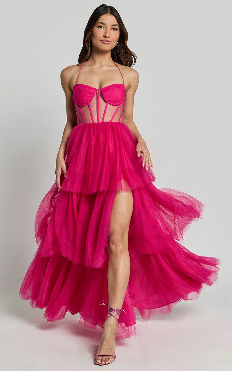 Showpo Ariel Maxi Dress - Tiered Tulle Bustier Halter Dress Hot Pink | JRMCGB952