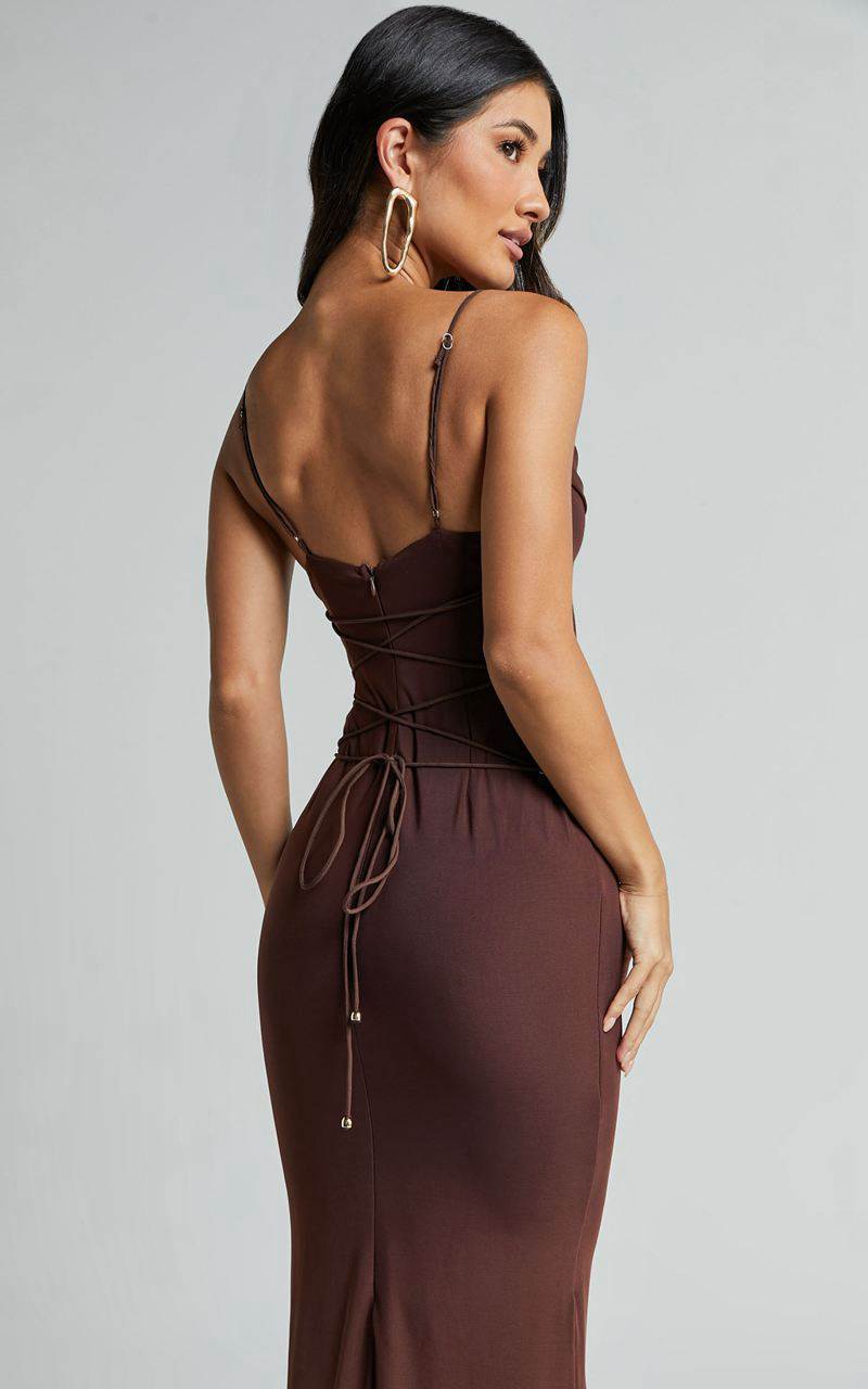 Showpo Ariel Midi Dress - Mesh Bodycon Tie Detail Dress Chocolate | CTHIKP346