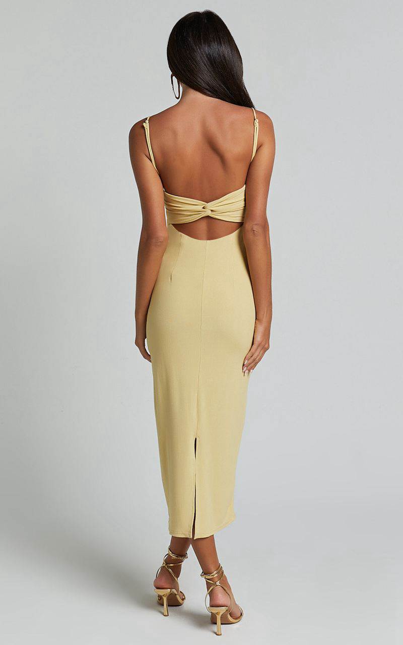 Showpo Ariella Midi Dress - Strappy Cut Out Back Split Dress Lemon | ZIALJX245