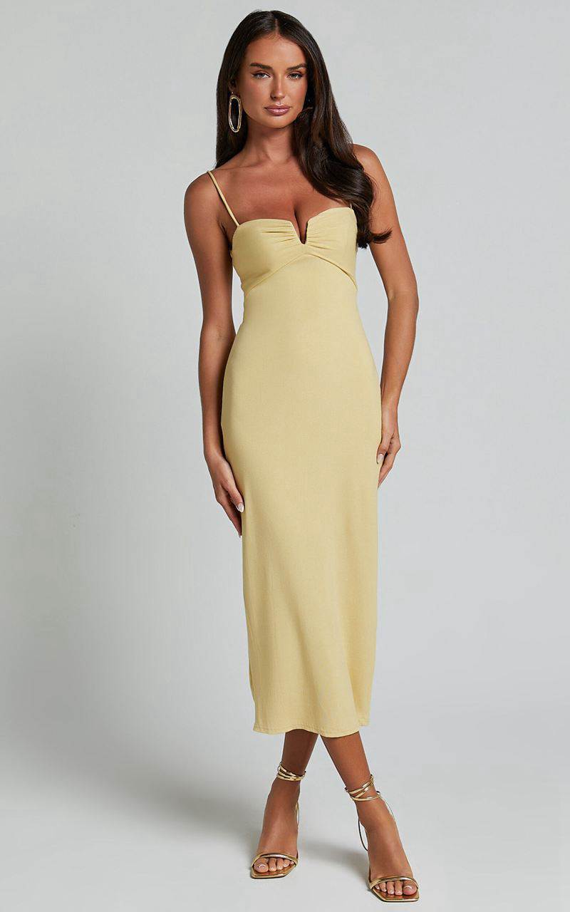 Showpo Ariella Midi Dress - Strappy Cut Out Back Split Dress Lemon | ZIALJX245