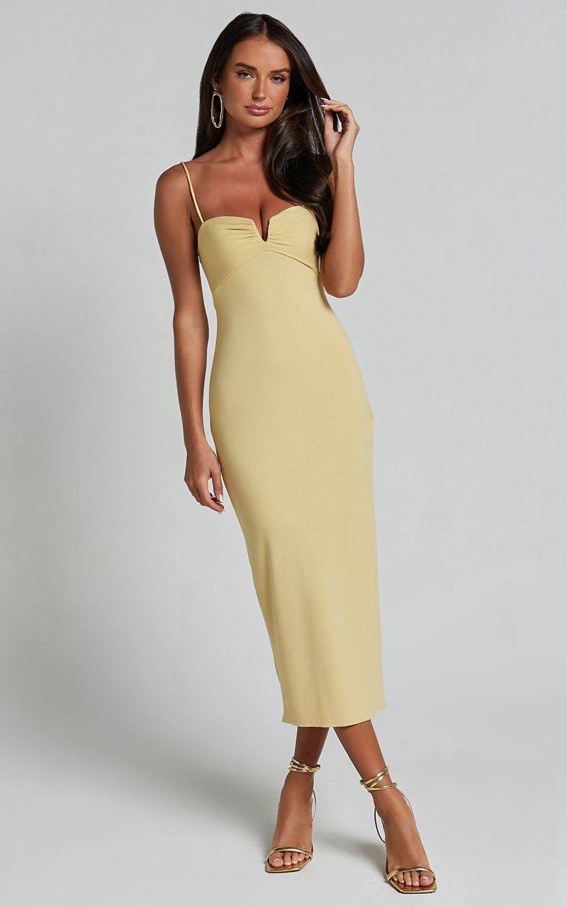 Showpo Ariella Midi Dress - Strappy Cut Out Back Split Dress Lemon | ZIALJX245