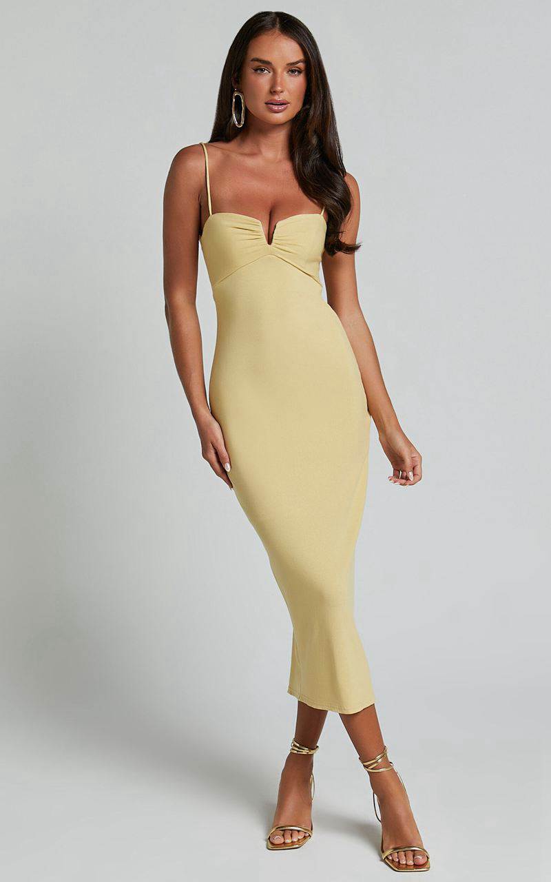 Showpo Ariella Midi Dress - Strappy Cut Out Back Split Dress Lemon | ZIALJX245