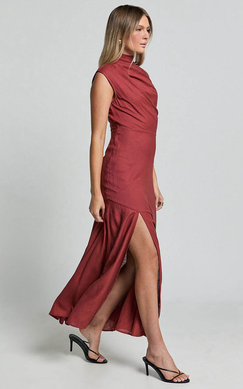 Showpo Arielle Maxi Dress - High Neck Thigh Split Slip Dress Chestnut | RWBNIQ824