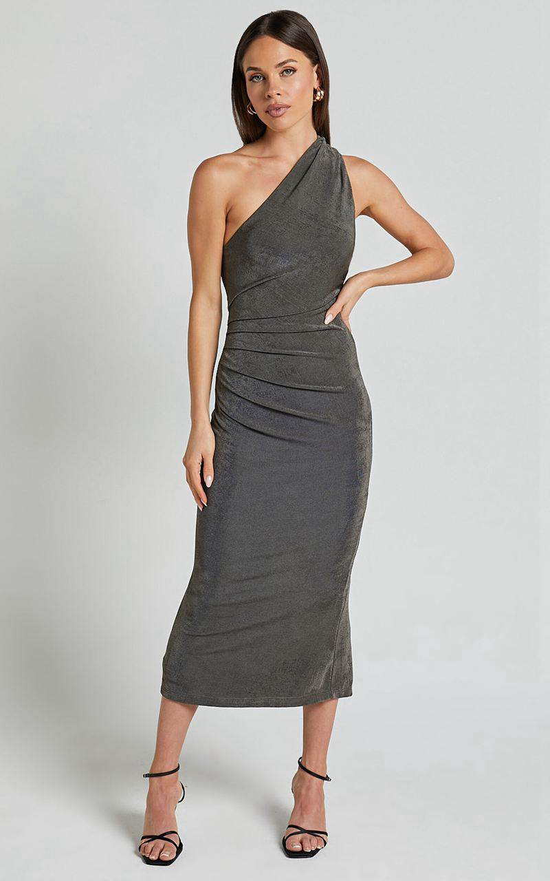 Showpo Arietty Midi Dress - One Shoulder Asymmetrical Ruched Dress Olive | GALBQD462