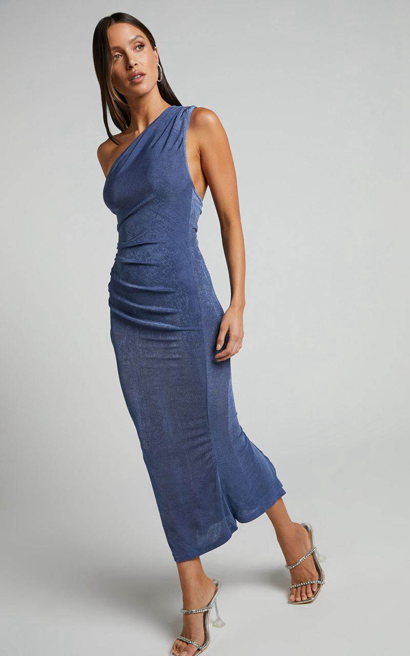 Showpo Arietty Midi Dress - One Shoulder Asymmetrical Ruched Dress Steel Blue | ICUXFY462