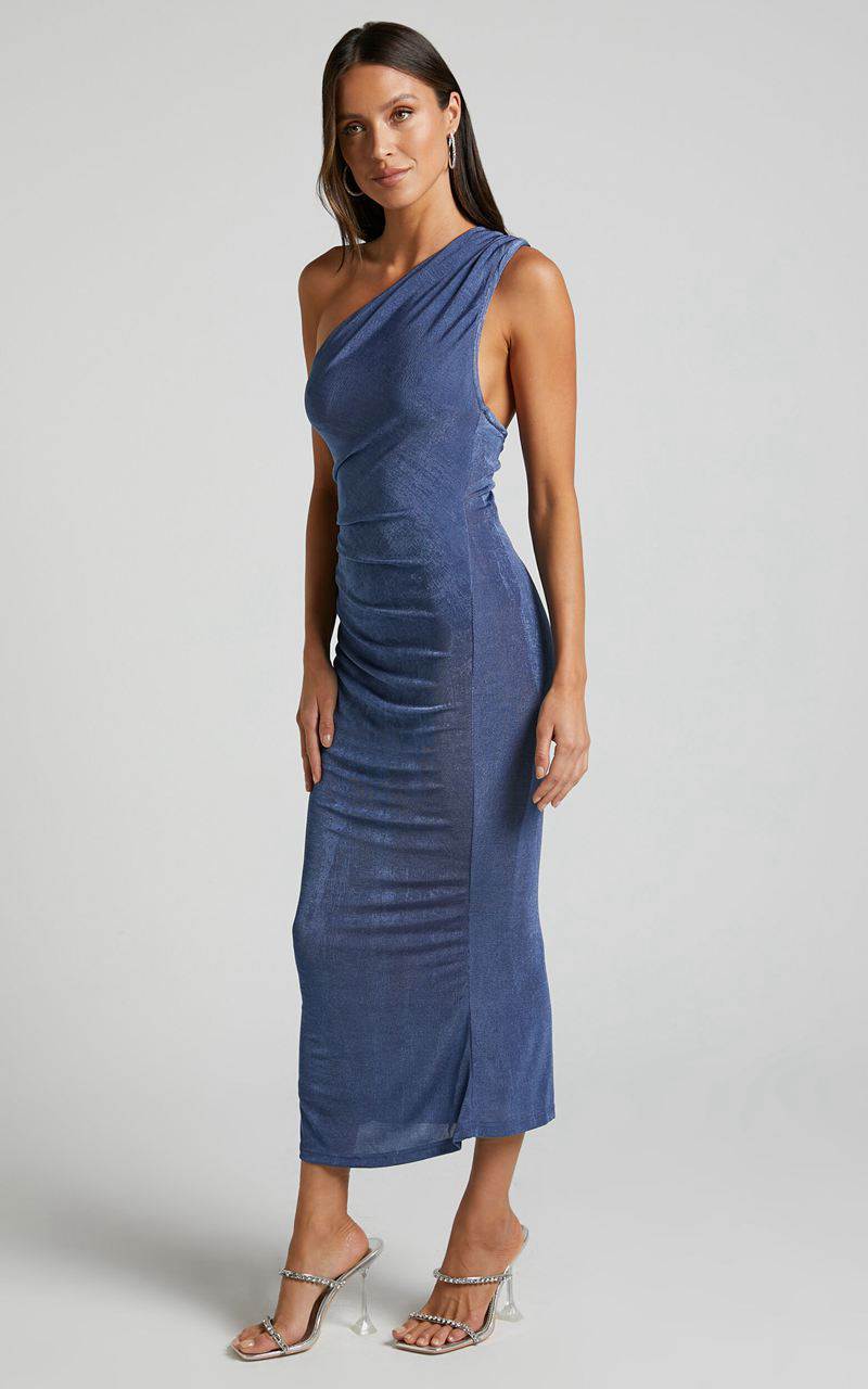 Showpo Arietty Midi Dress - One Shoulder Asymmetrical Ruched Dress Steel Blue | ICUXFY462