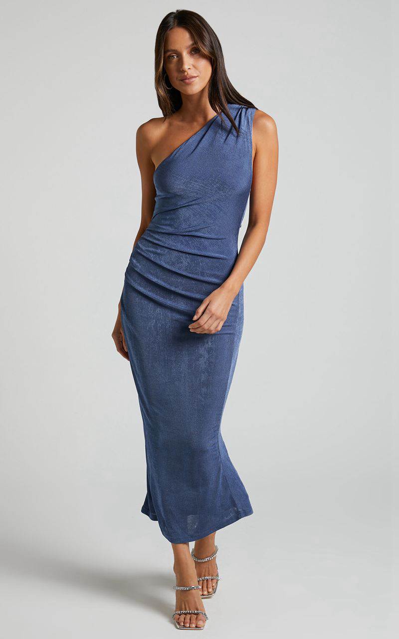 Showpo Arietty Midi Dress - One Shoulder Asymmetrical Ruched Dress Steel Blue | ICUXFY462