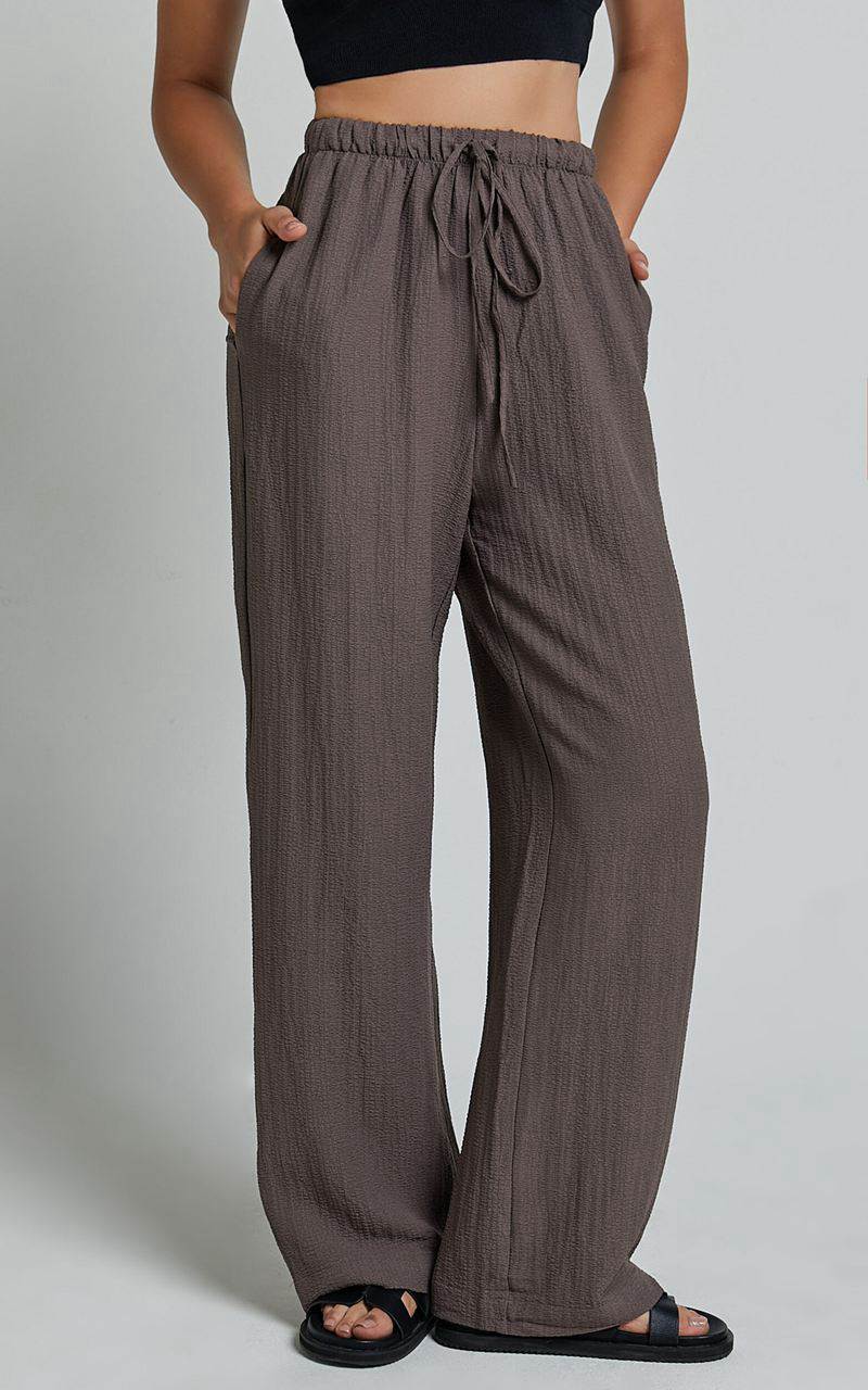 Showpo Arina Pants - Textured Cotton Straight Leg Pants Mocha | QVAIXZ216