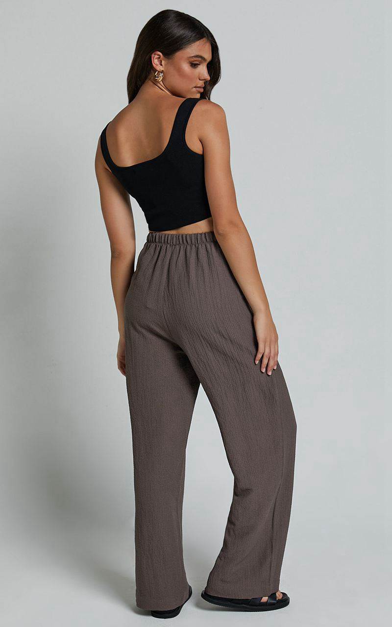 Showpo Arina Pants - Textured Cotton Straight Leg Pants Mocha | QVAIXZ216