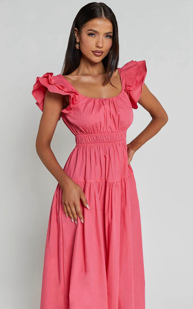 Showpo Arlene Midi Dress - Square Neck Shoulder Frill Tiered Dress Berry | HMVSZJ827