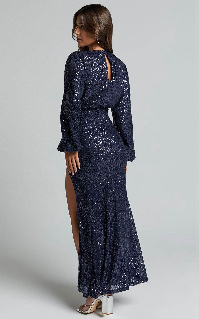 Showpo Arlington Midi Dress - Sequin Long Sleeve Dress Midnight Navy | ZXKTOL209