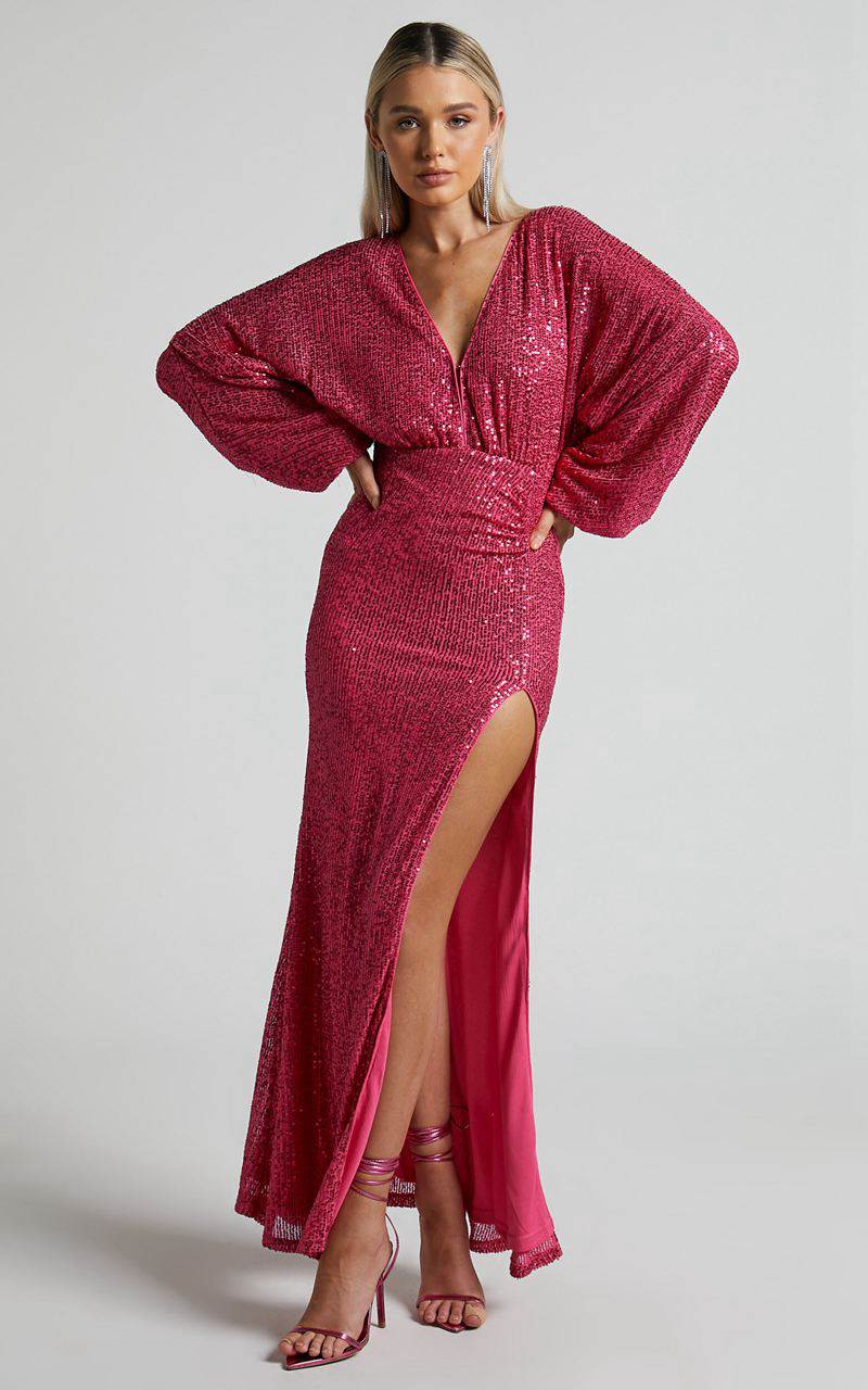 Showpo Arlington Midi Dress - Sequin Long Sleeve Dress Hot Pink | PKAYIW630