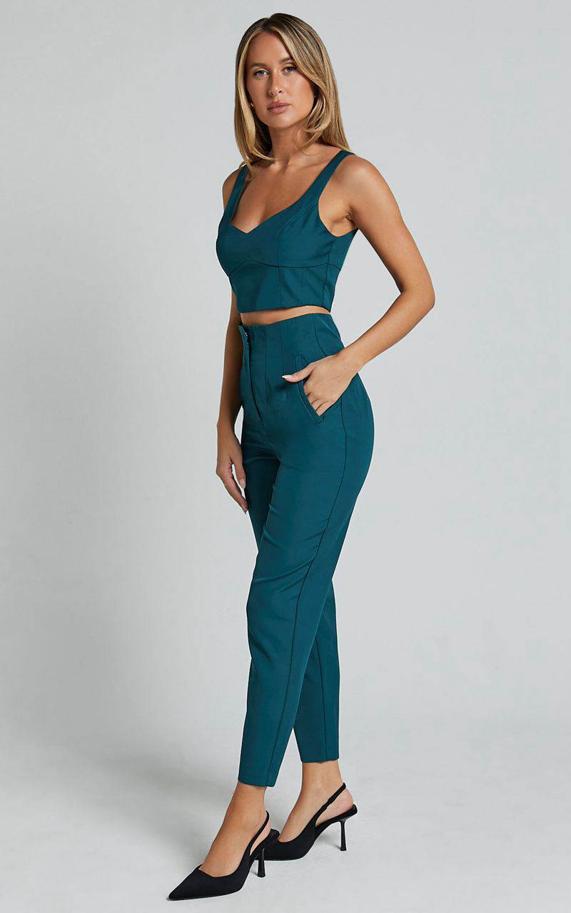 Showpo Armanda Two Piece Set - Crop Top And High Waisted Straight Leg Pants Set Deep Green | JEGYBX918