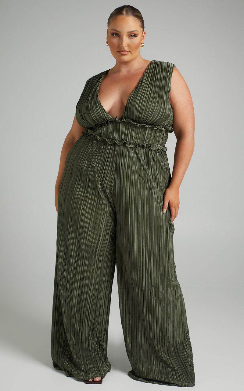 Showpo Armida Jumpsuit - Plunge Neck Wide Leg Plisse Jumpsuit Khaki | UTVMND291