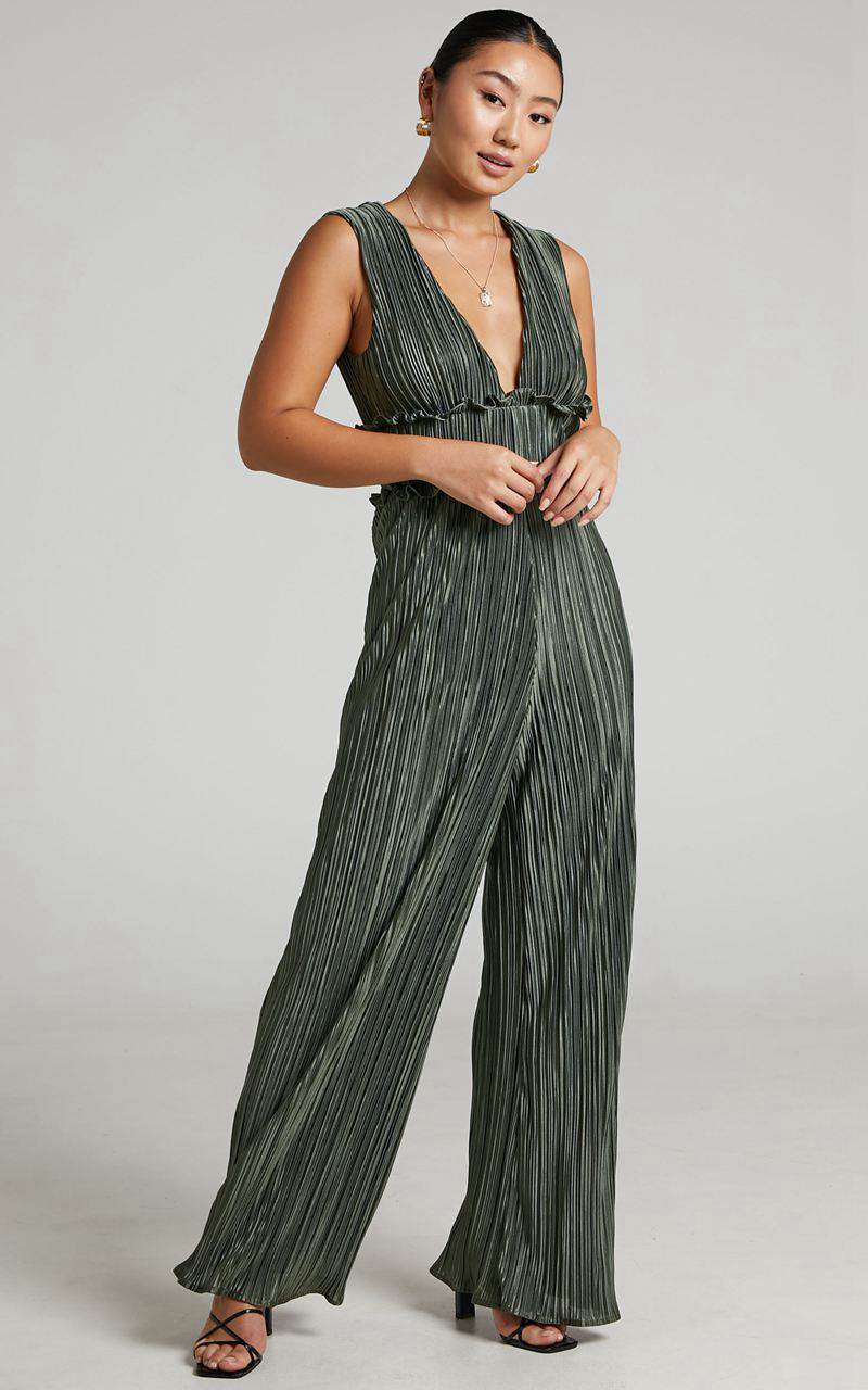 Showpo Armida Jumpsuit - Plunge Neck Wide Leg Plisse Jumpsuit Khaki | UTVMND291