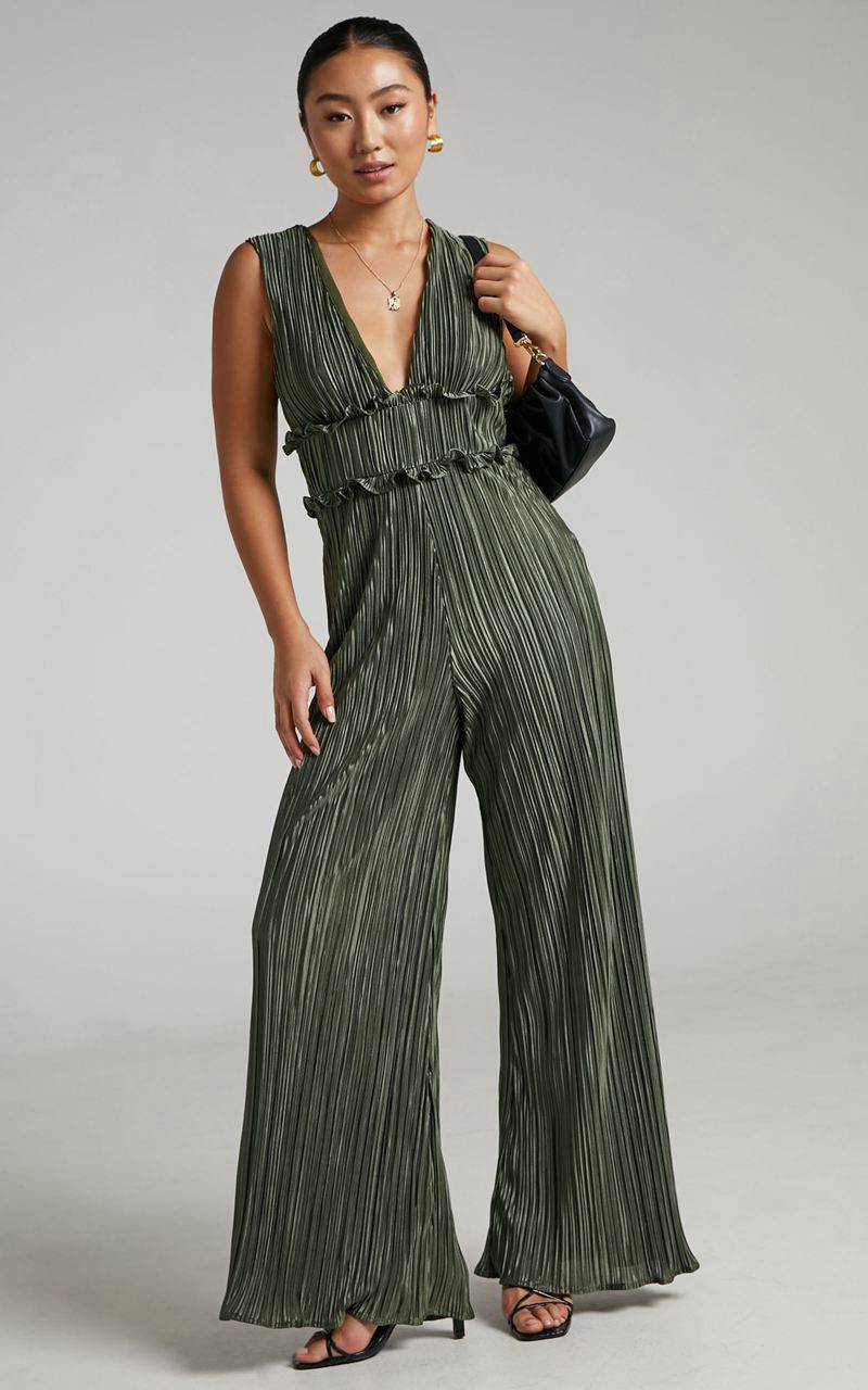 Showpo Armida Jumpsuit - Plunge Neck Wide Leg Plisse Jumpsuit Khaki | UTVMND291