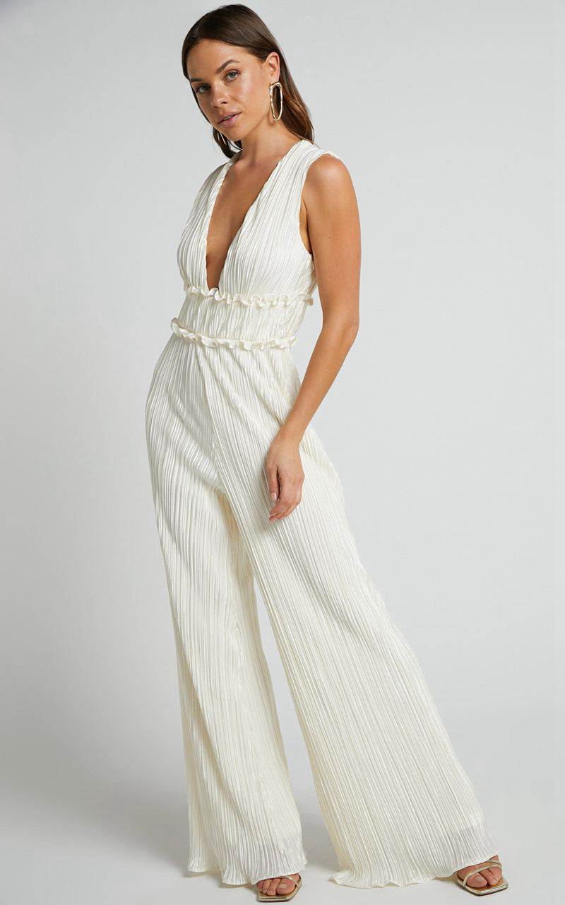 Showpo Armida Jumpsuit - Plunge Neck Wide Leg Plisse Jumpsuit Cream | TQNZXG283