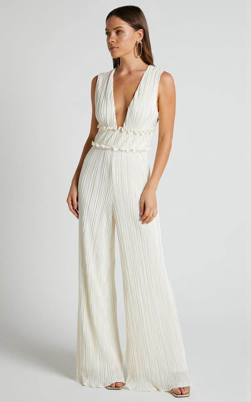 Showpo Armida Jumpsuit - Plunge Neck Wide Leg Plisse Jumpsuit Cream | TQNZXG283