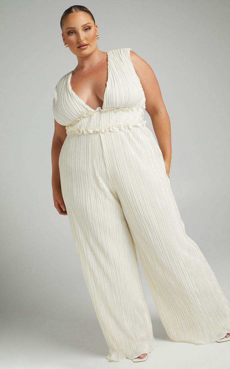 Showpo Armida Jumpsuit - Plunge Neck Wide Leg Plisse Jumpsuit Cream | TQNZXG283