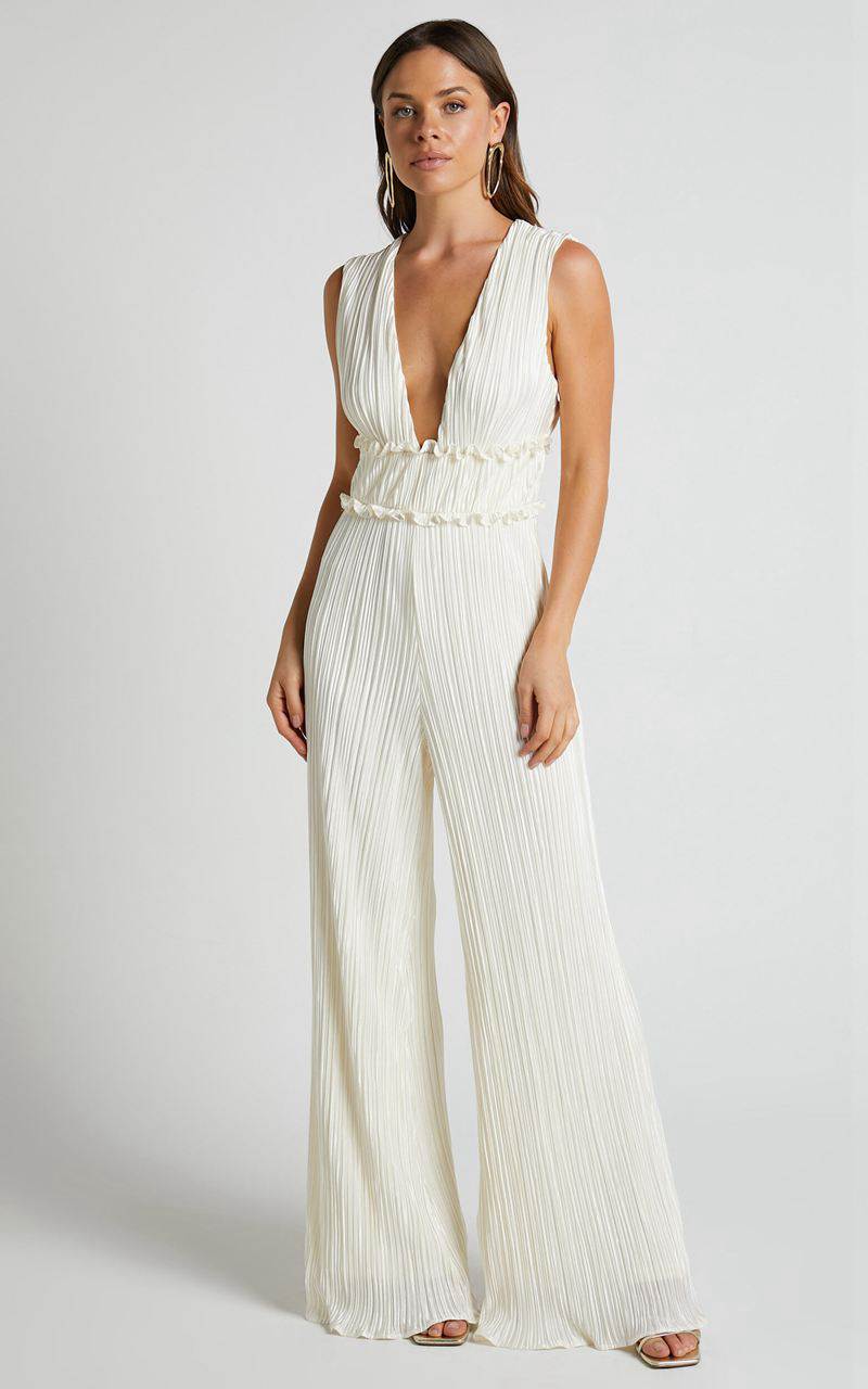 Showpo Armida Jumpsuit - Plunge Neck Wide Leg Plisse Jumpsuit Cream | TQNZXG283