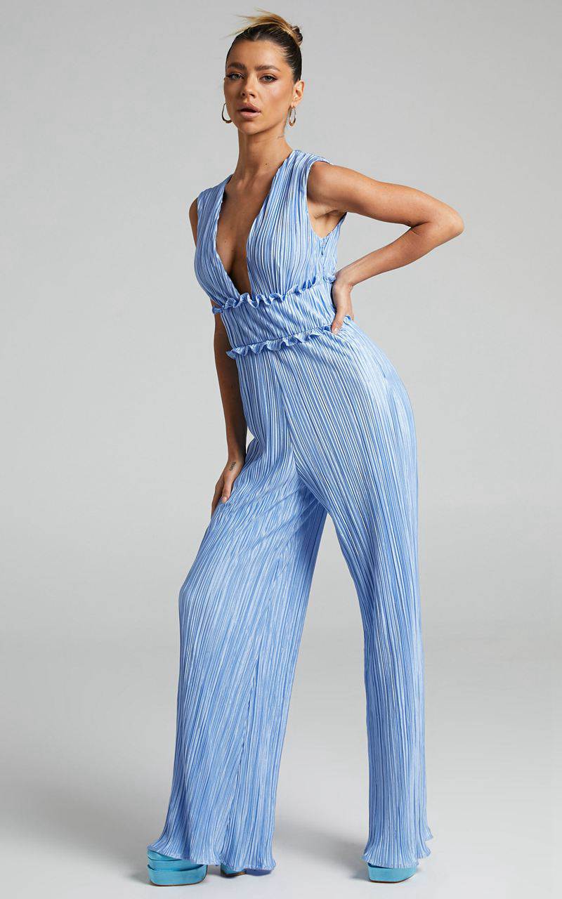 Showpo Armida Jumpsuit - Plunge Neck Wide Leg Plisse Jumpsuit Cornflower Blue | KQPNFI517