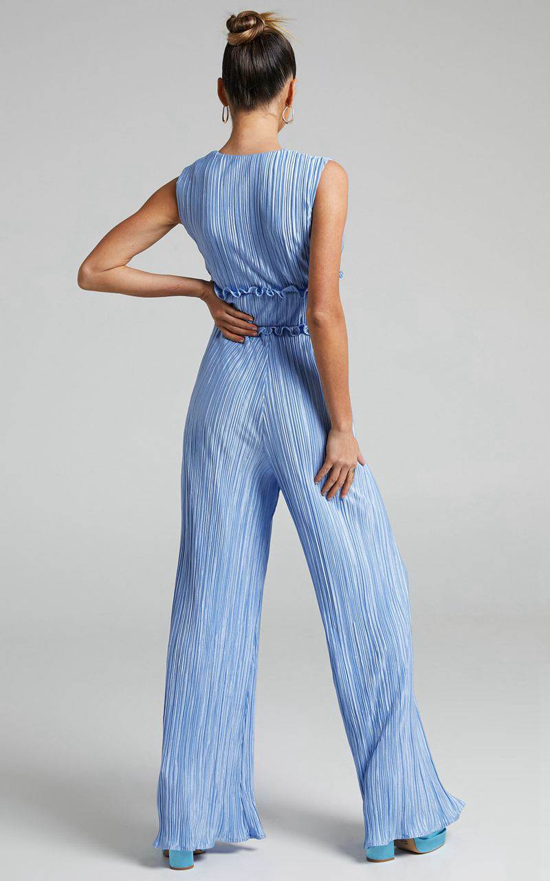 Showpo Armida Jumpsuit - Plunge Neck Wide Leg Plisse Jumpsuit Cornflower Blue | KQPNFI517