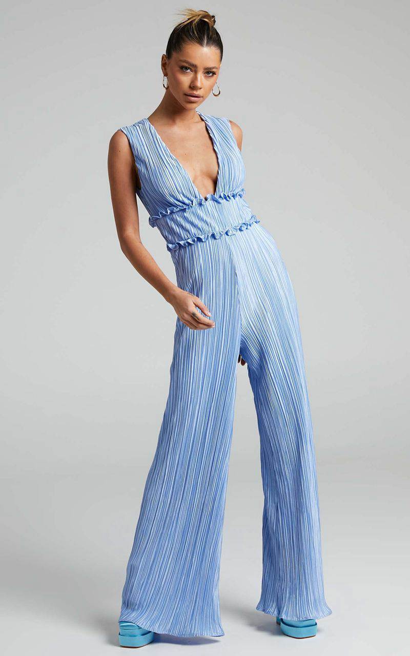 Showpo Armida Jumpsuit - Plunge Neck Wide Leg Plisse Jumpsuit Cornflower Blue | KQPNFI517