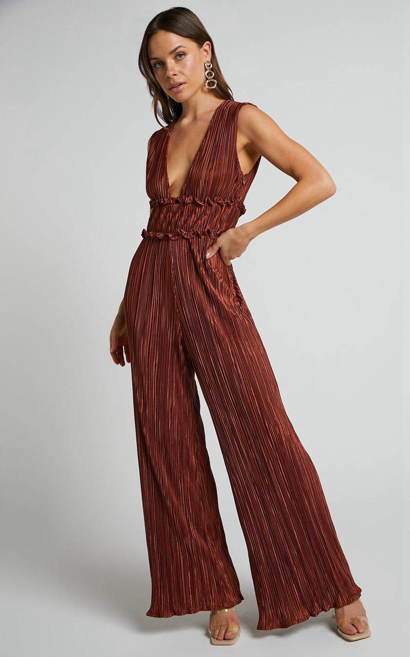 Showpo Armida Jumpsuit - Plunge Neck Wide Leg Plisse Jumpsuit Copper | PBQJOC709