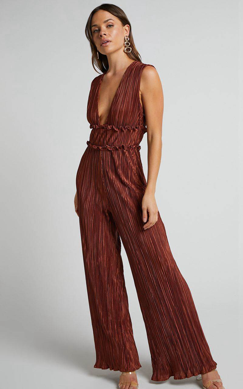 Showpo Armida Jumpsuit - Plunge Neck Wide Leg Plisse Jumpsuit Copper | PBQJOC709